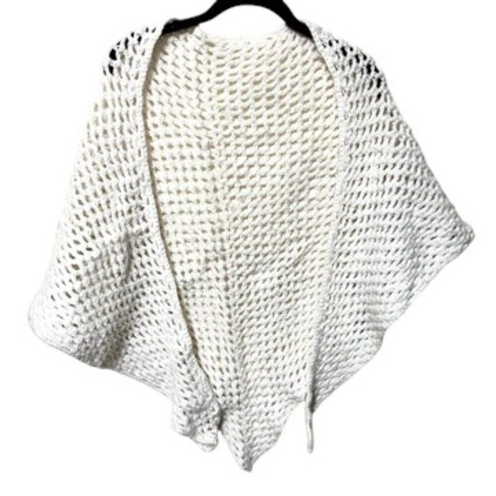 Vintage Crochet Shawl Wrap  White Open Knit Boho Cottagecore Triangle Fringe